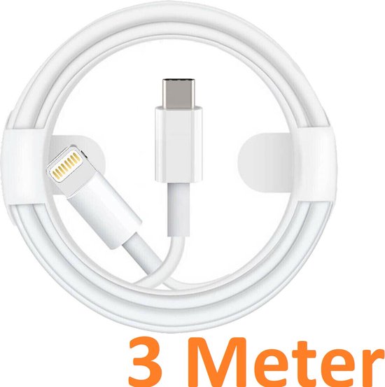 Lightning kabel – Geschikt voor iPhone iPad iPod AirPods – USB-C naar Lightning – Snelladen – 3 Meter – Wit-USB-Kabels-Ilumina Benelux