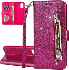 Samsung Galaxy A02s Hoesjes – Glitter Portemonnee Hoes – Rits & Koord – Pasjeshouder – Roze