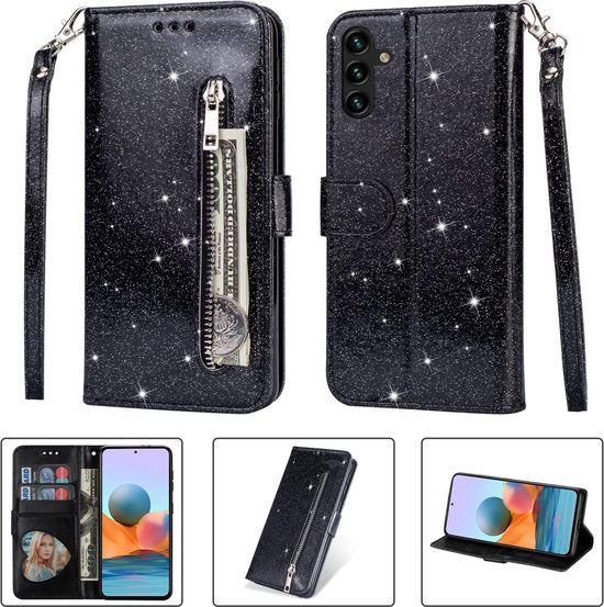 Samsung Galaxy S23 Hoesjes – Glitter Portemonnee Hoes – Rits & Koord – Pasjeshouder – Zwart-Ilumina Benelux