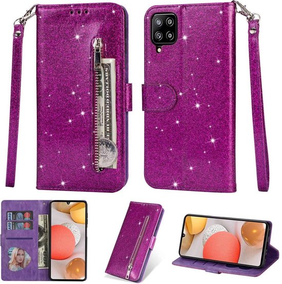 Samsung Galaxy A42 Hoesjes – Glitter Portemonnee Case – Rits & Koord – Pasjeshouder – Paars-Ilumina Benelux