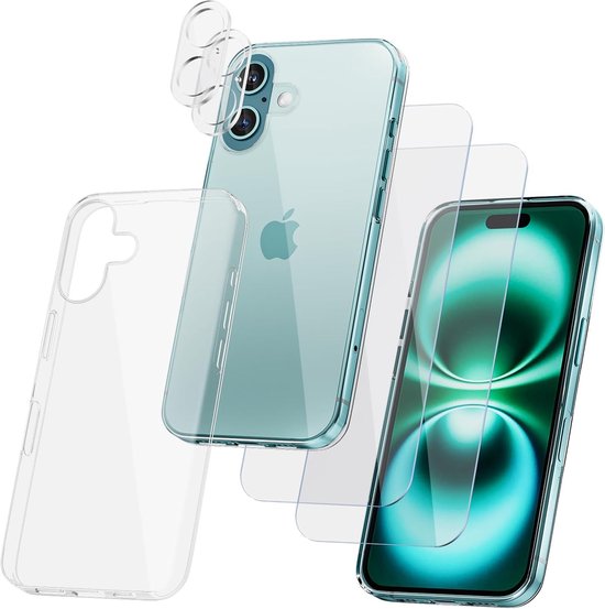iPhone 16 Hoesjes – Transparante Siliconen Backcover – 2x Screenprotector Gehard Glas – 2x Camera Lens Protector – 5-in-1 Set-Ilumina Benelux