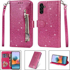 Sparkly Glitter Wallet Hoesje met Rits & Koord Geschikt voor: Samsung Galaxy S23 - Roze