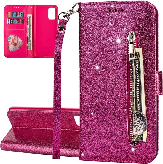 Sparkly Glitter Wallet Hoesje met Rits & Koord Geschikt voor: Samsung Galaxy M51 - Roze