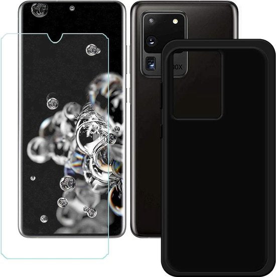 Samsung Galaxy S20 Ultra Hoesjes – Siliconen Backcover – 2x Screenprotector Gehard Glas – Anti-kras – Zwart-Ilumina Benelux