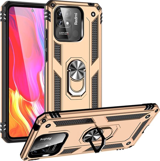 Xiaomi Redmi 10C Hoesjes – Ring Armor Backcover – 360° Draaibare Standaard – Magneet – Goud-Ilumina Benelux