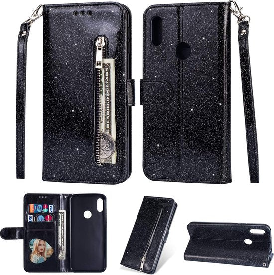 Samsung Galaxy A20s Hoesjes – Glitter Portemonnee Hoes – Rits & Koord – Pasjeshouder – Zwart-Ilumina Benelux