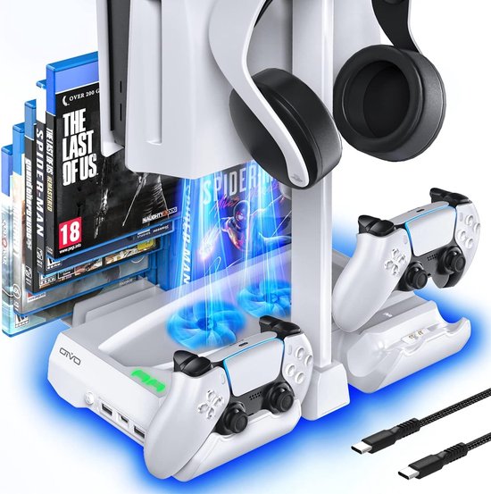 PS5 Koelstandaard – Dubbel Controller Laadstation – 2 Stille Ventilatoren – Headsethouder – Gamehouder 12 Discs-Oplaadstation controllers-Ilumina Benelux