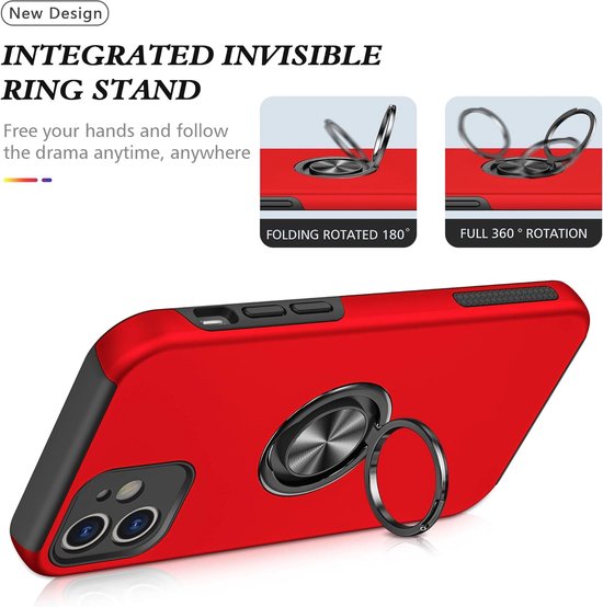iPhone 12 Hoesjes – Backcover met Vingerring & Magneet – Anti-drop – Rood-Ilumina Benelux