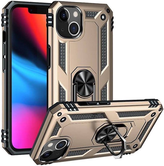 iPhone 14 Plus Hoesjes – Ring Armor Backcover – 360° Draaibare Kickstand Ring – Magneet – Goud-Ilumina Benelux