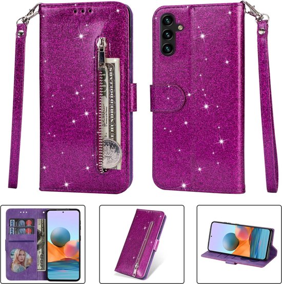 Samsung Galaxy A25 Hoesjes – Glitter Portemonnee Hoes – Rits – Koord – Pasjeshouder – Paars