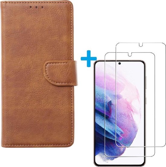 Samsung Galaxy S21 Ultra 5G Hoesjes – Portemonnee Hoes – Pasjeshouder – 2x Gehard Glas Screenprotector – Bruin-Ilumina Benelux