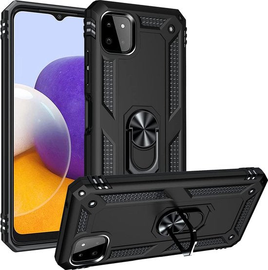 Samsung Galaxy A22 5G Hoesjes – Anti-Shock Hybride Ring Armor Backcover – Schokbestendig – Zwart-Ilumina Benelux