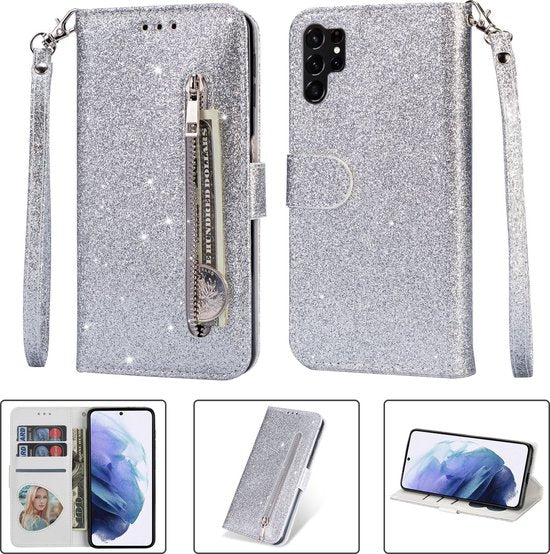 Samsung Galaxy S23 Ultra Hoesjes – Glitter Portemonnee Hoes – Rits & Koord – Zilver-Ilumina Benelux