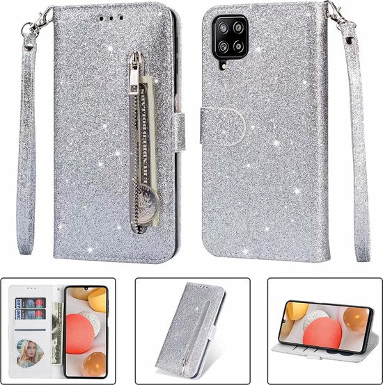 Samsung Galaxy A12 / M12 Hoesjes – Glitter Portemonnee Hoes – Rits & Koord – Zilver-Ilumina Benelux