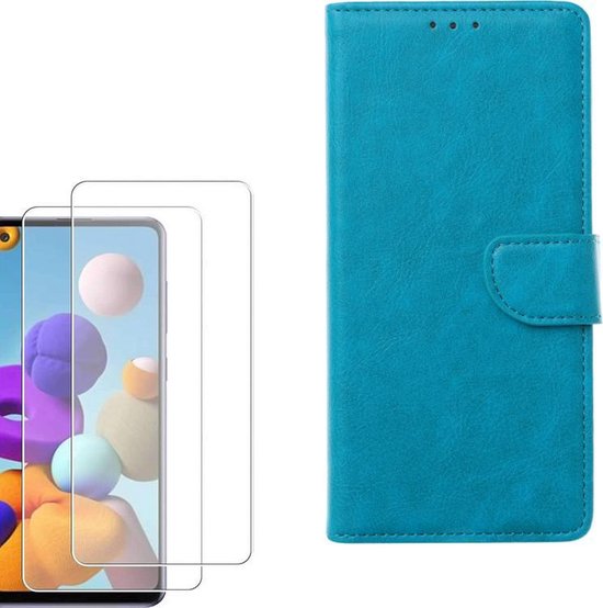 Samsung Galaxy A21S Hoesjes – Portemonnee Hoes – Magneetsluiting – Inclusief 2x Gehard Glas Screenprotector – Turquoise-Ilumina Benelux