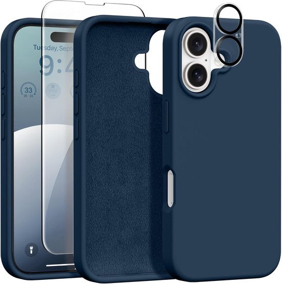 iPhone 16 Hoesjes – Liquid Siliconen Backcover – Screenprotector & Camera Lens Protector – Navy Blauw-Ilumina Benelux