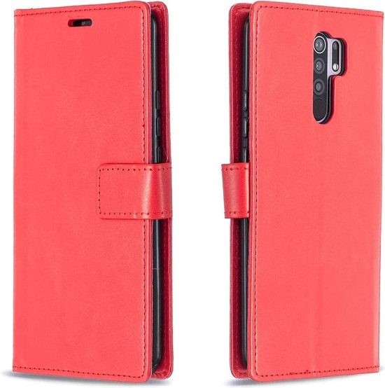 Xiaomi Redmi 9 Hoesjes – Portemonnee Book Case – Magneetsluiting – 2x Gehard Glas Screenprotector – Rood-Ilumina Benelux