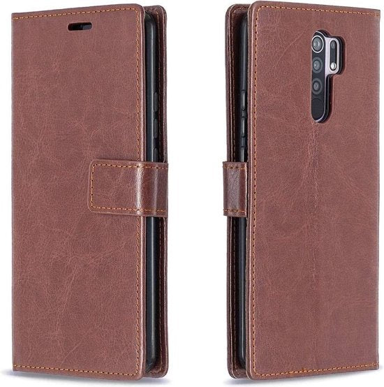 Xiaomi Redmi 9 Hoesjes – Portemonnee Book Case – Pasjeshouder – 2x Glazen Screenprotector – Bruin-Ilumina Benelux