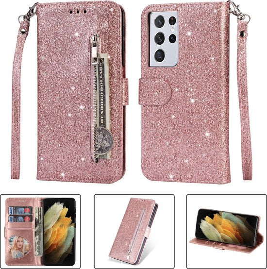 Samsung Galaxy S21 Ultra Hoesjes – Glitter Portemonnee Hoes – Rits & Koord – Pasjeshouder – Roségoud-Ilumina Benelux