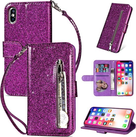 iPhone XR Hoesjes – Glitter Portemonnee Hoes – Rits & Koord – Paars-Ilumina Benelux
