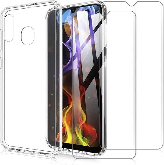 Samsung Galaxy A20S Hoesjes – TPU Siliconen Backcover + 2x Screenprotector Gehard Glas – Anti Kras – Transparant-Ilumina Benelux