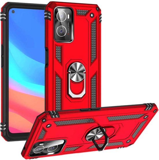 Oppo A96/A76/A36 Hoesjes – Ring Armor Backcover – 360° Draaibare Standaard – Magneet – Rood-Ilumina Benelux