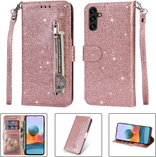 Samsung Galaxy S23 Hoesjes – Glitter Portemonnee Hoes – Rits & Koord – Roségoud-Ilumina Benelux