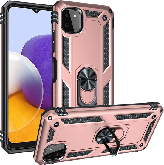 Samsung Galaxy A22 5G Hoesjes – Anti-Shock Hybride Backcover – Ringhouder – Armor Bescherming – Roségoud-Ilumina Benelux