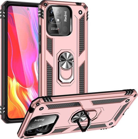 Xiaomi Redmi 10C & Poco C40 Hoesjes – Ring Armor Backcover – 360° Draaibare Standaard – Magneet – Roségoud-Ilumina Benelux