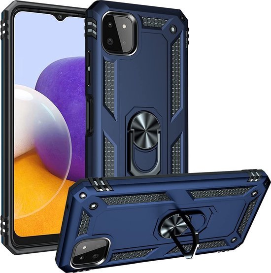 Samsung Galaxy A22 5G Hoesjes – Anti-Shock Hybride Backcover – Ringhouder – Armor Bescherming – Blauw-Ilumina Benelux