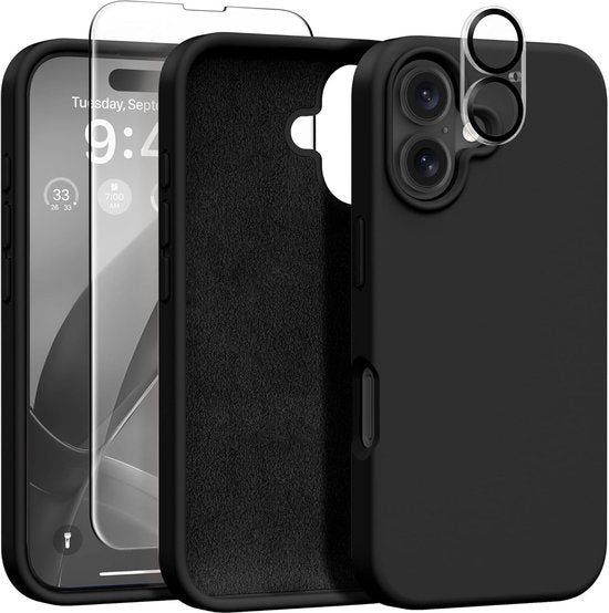 iPhone 16 Hoesjes – Liquid Siliconen Backcover – Screenprotector & Camera Lens Protector – Zwart-Ilumina Benelux