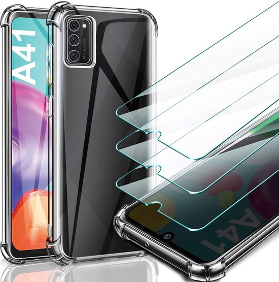 Samsung Galaxy A41 Hoesjes – Anti-Shock Hybride Backcover + 2x Screenprotector Gehard Glas – Transparant-Ilumina Benelux