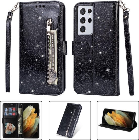 Samsung Galaxy S21 Ultra Hoesjes – Glitter Portemonneehoes – Rits & Koord – Pasjeshouder – Zwart-Ilumina Benelux