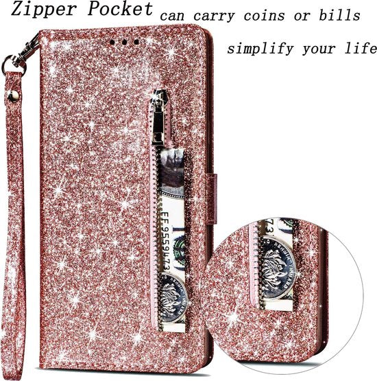Samsung Galaxy S10E Hoesjes – Glitter Portemonnee Hoes – Rits & Koord – Pasjeshouder – Roségoud-Ilumina Benelux