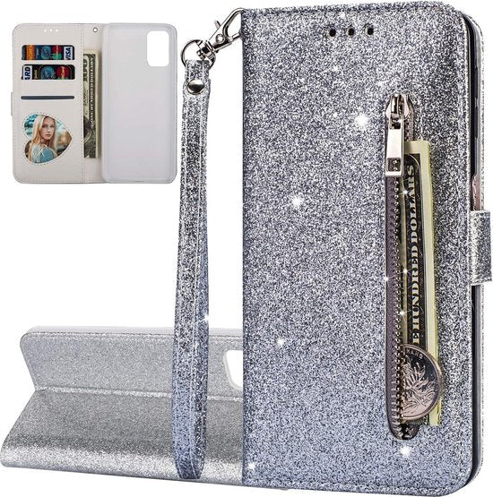 Samsung Galaxy A32 5G Hoesjes – Glitter Portemonnee Hoes – Rits & Koord – Pasjeshouder – Zilver-Ilumina Benelux