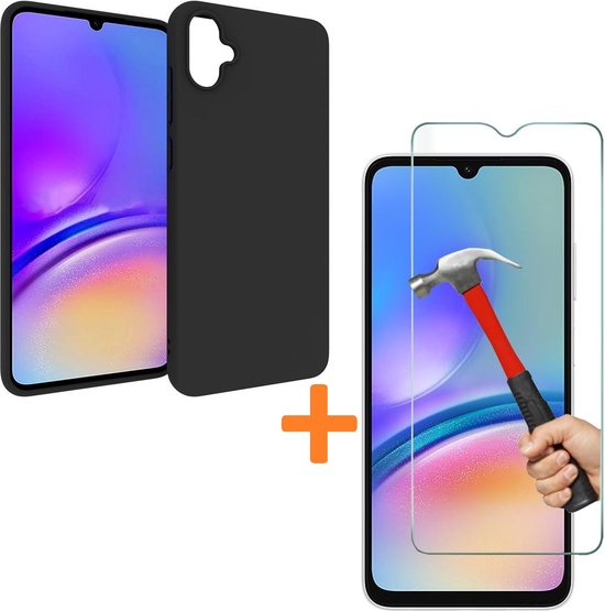 Silicone hoesje zwart met 2 Pack Screenprotector Glas Geschikt voor: Samsung Galaxy A05