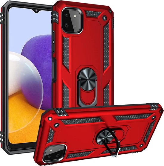 Samsung Galaxy A22 5G Hoesjes – Ring Armor Backcover – 360° Draaibare Standaard – Magneet – Rood-Ilumina Benelux