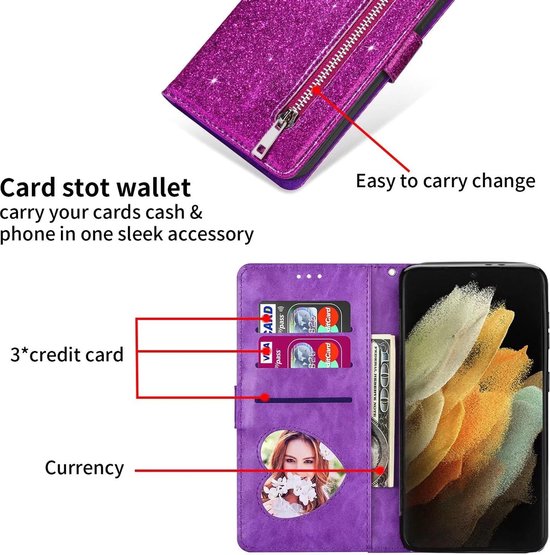 Samsung Galaxy S22 Plus Hoesjes – Glitter Portemonnee Case – Rits – Koord – Pasjeshouder – Paars-Ilumina Benelux