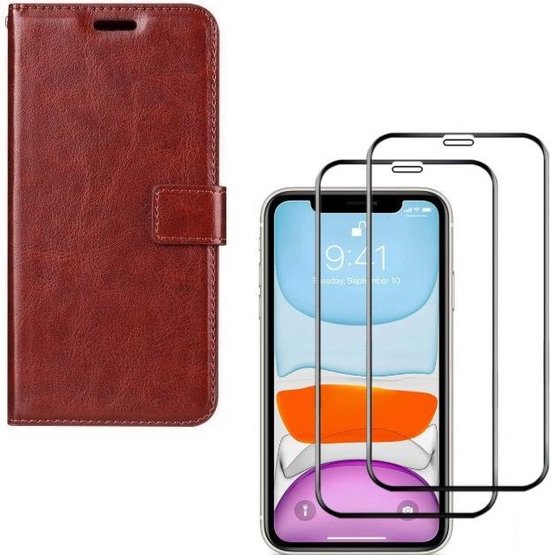 iPhone 11 Pro Hoesjes – Bookcase Portemonnee – Magneetsluiting – Inclusief 2x Full Screenprotector – Bruin-Ilumina Benelux
