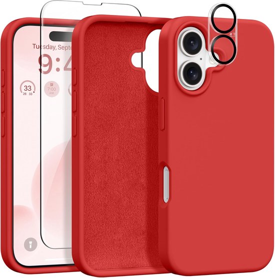 iPhone 16 Hoesjes – Liquid Siliconen Backcover – Screenprotector & Camera Lens Protector – Schokbestendig – Rood-Ilumina Benelux