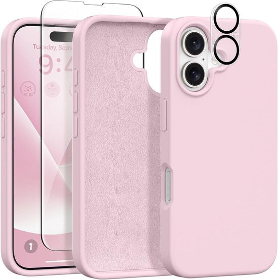 iPhone 16 Plus Hoesjes – Liquid Siliconen Backcover – Screenprotector & Camera Lens Protector – Lichtroze-Ilumina Benelux