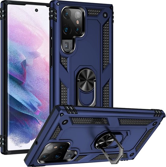 Samsung Galaxy S22 Ultra Hoesjes – Anti-Shock Hybride Ring Armor Backcover – Schokbestendig – Blauw-Ilumina Benelux