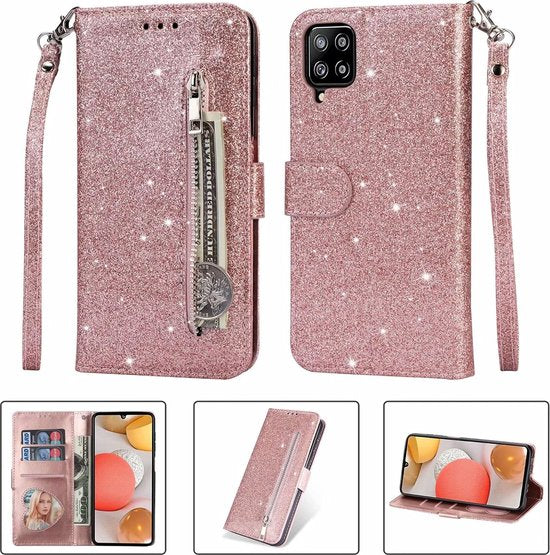 Samsung Galaxy A22 4G Hoesjes – Glitter Portemonneehoes – Rits & Koord – Pasjeshouder – Roségoud