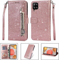 Samsung Galaxy A22 4G Hoesjes – Glitter Portemonneehoes – Rits & Koord – Pasjeshouder – Roségoud