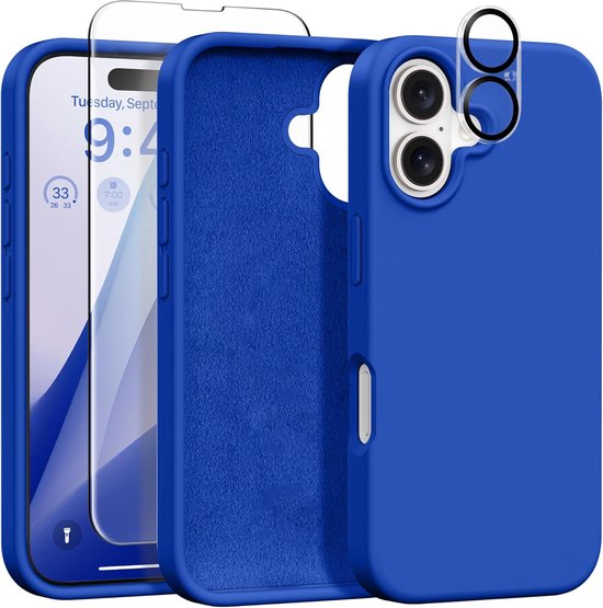 iPhone 16 Hoesjes – Liquid Siliconen Backcover – Screenprotector & Camera Lens Protector – Schokbestendig – Kobaltblauw-Ilumina Benelux