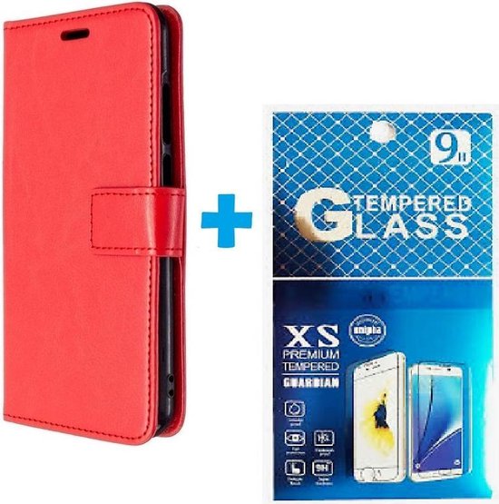 Portemonnee Hoesje - 2 Pack Screenprotector Geschikt voor: Samsung Galaxy A6 Plus 2018 - rood