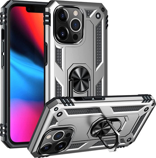 iPhone 13 Pro Hoesjes – Anti-Shock Hybride Ring Armor Backcover – Schokbestendig – Zilver-Ilumina Benelux
