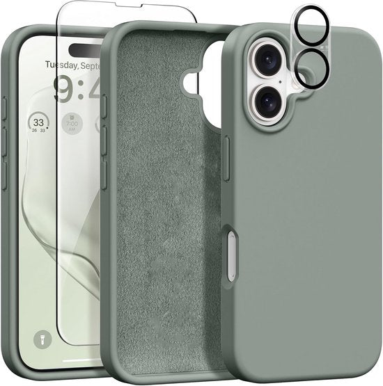 iPhone 16 Plus Hoesjes – Liquid Siliconen Backcover – Screenprotector & Camera Lens Protector – Middernachtgroen-Ilumina Benelux