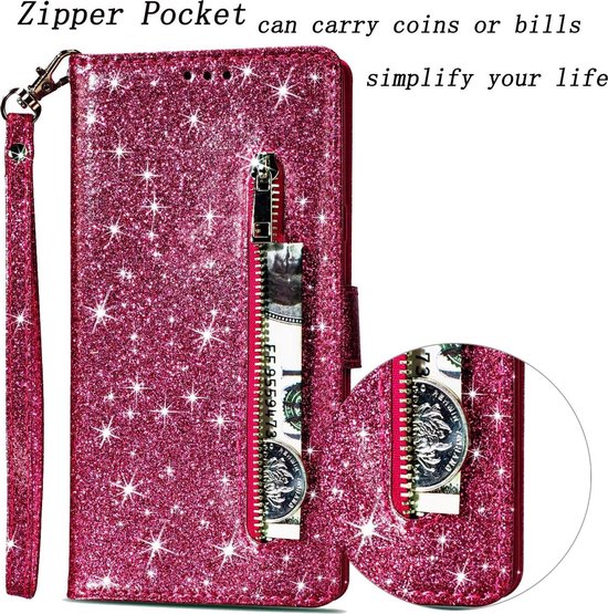 Samsung Galaxy S10 Hoesjes – Glitter Portemonnee Case – Rits & Koord – Pasjeshouder – Roze-Ilumina Benelux