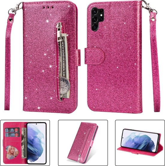 Samsung Galaxy S23 Ultra Hoesjes – Glitter Portemonnee Hoes – Rits & Koord – Pasjeshouder – Roze-Ilumina Benelux